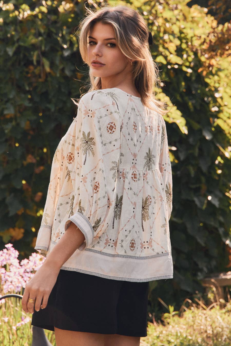 Oddi - Tropical Printed Woven Peasant Blouse