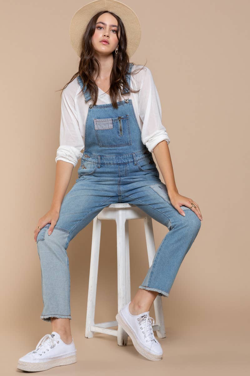 Pol Clothing - Front Chest Zipper Denim Overalls with Slim Legs