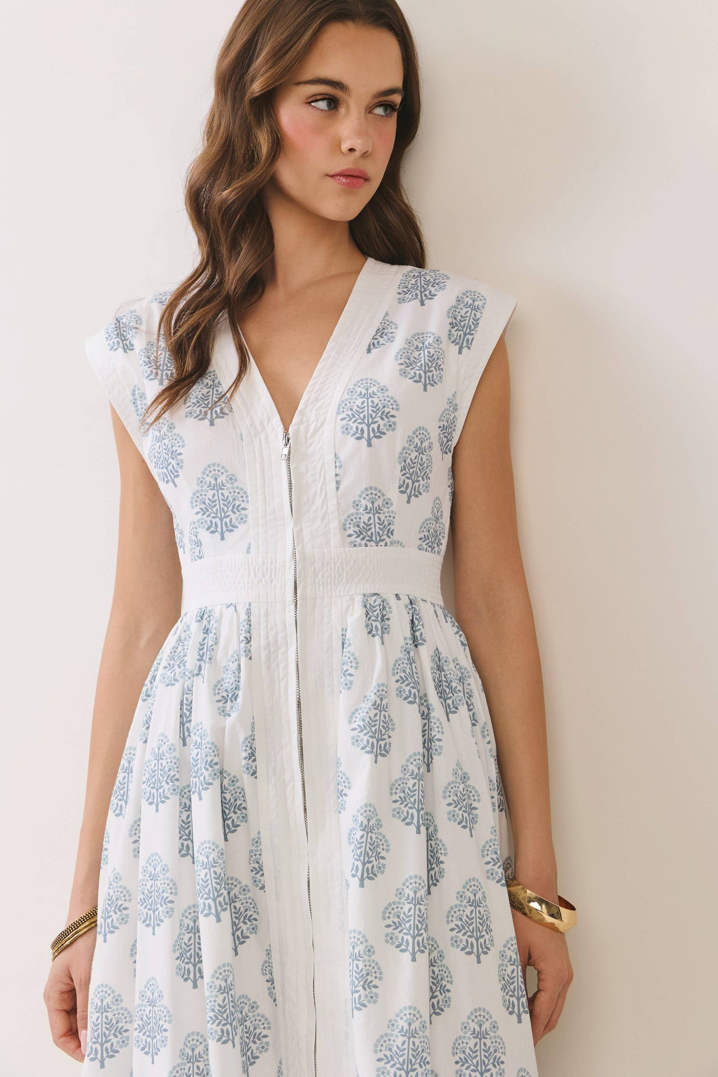 TCEC - CD06937-Floral Print Zipper Front Midi Dress