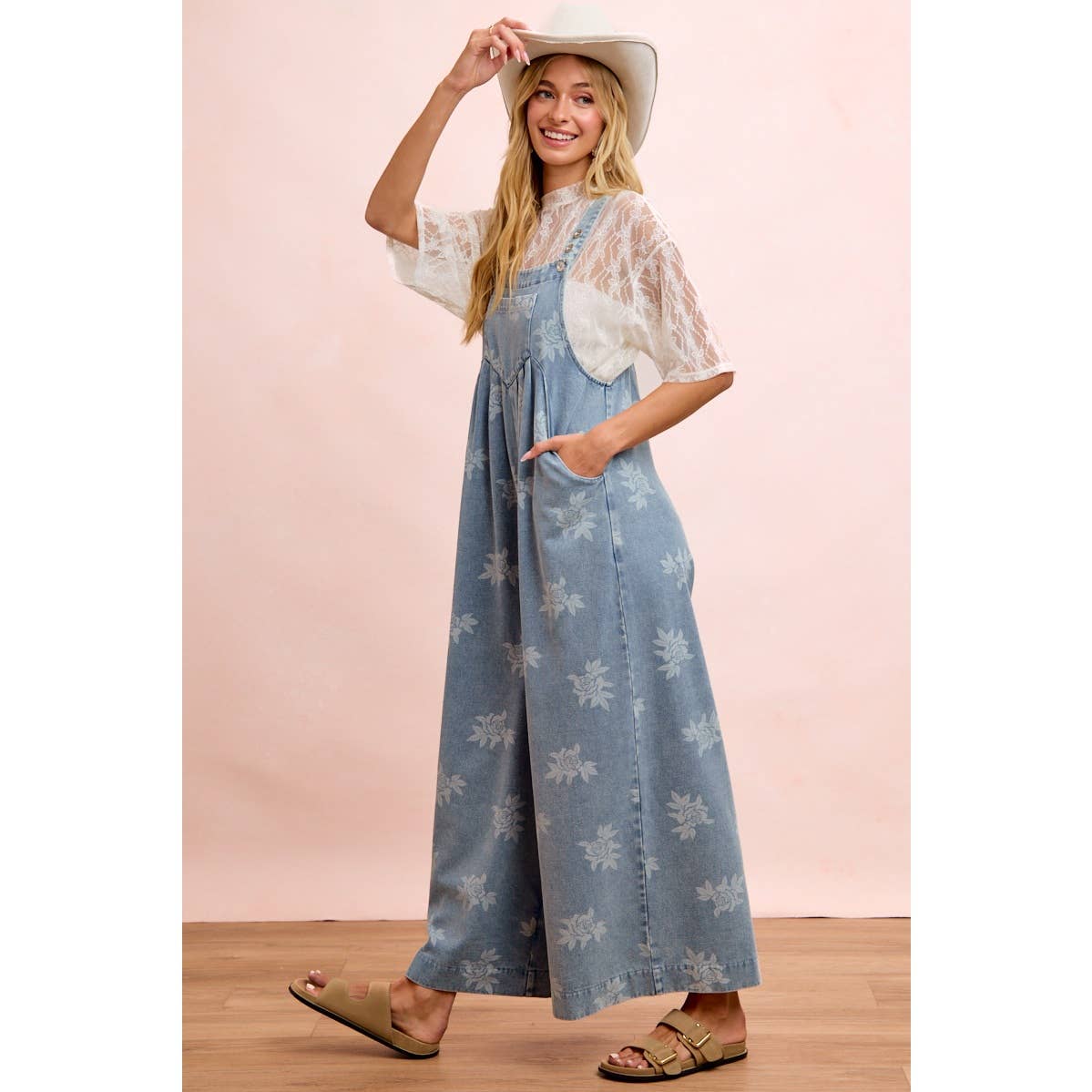 BiBi - ROSE PRINTED WASHED DENIM OVERALLS WITH PLEATS