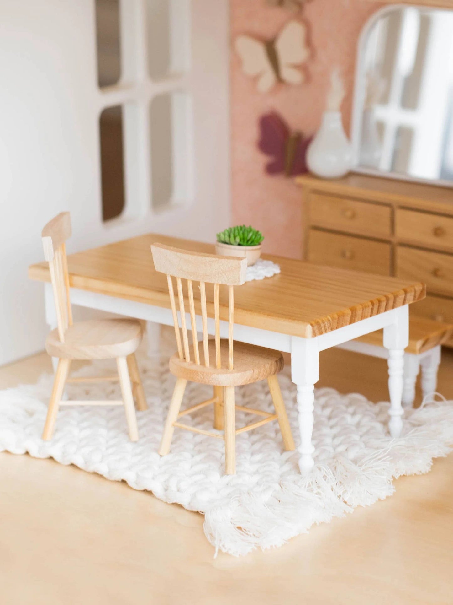 Macy Mae Dollhouse Designs - Dollhouse Farm Style Dining Table | Natural Wood & White