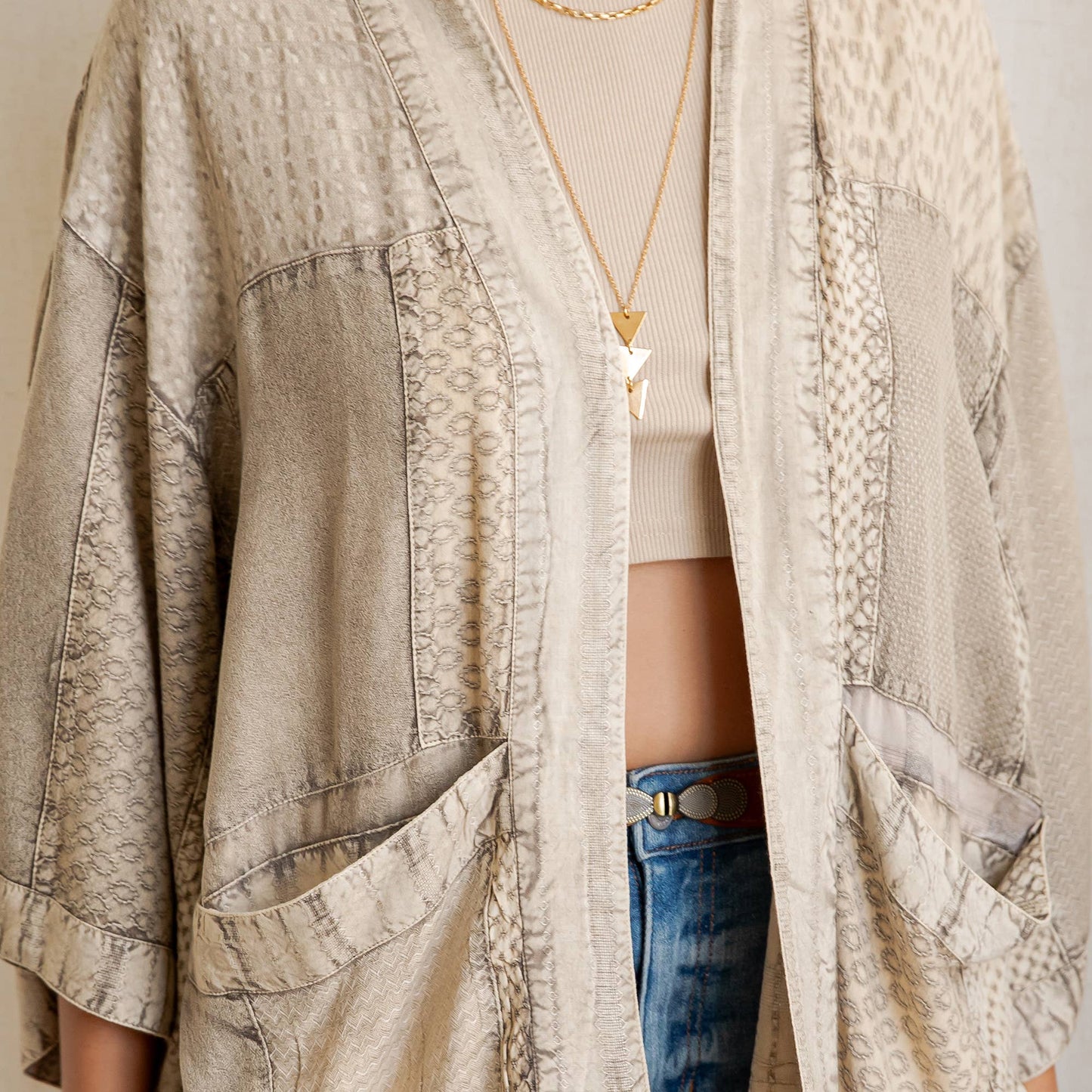 Young Threads - Boho Textured Mixed-Print Kimono with Pouch Pockets