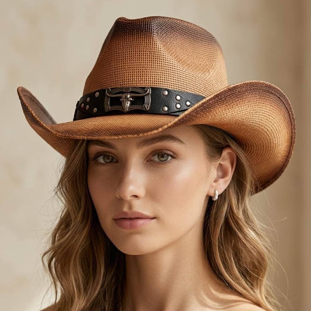 Sensibling Corp. - Steer Head Accent Studded Faux Leather Band Western Straw Cowboy Hat