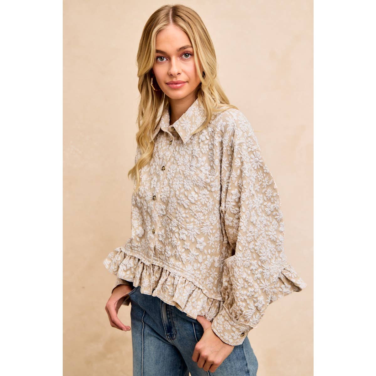 BiBi - TEXTURED FLORAL PATTERN RUFFLED HEM SHIRT TOP