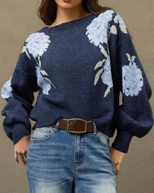 Rosa Clothing - Casual Vintage Floral Pattern Pullover Sweater