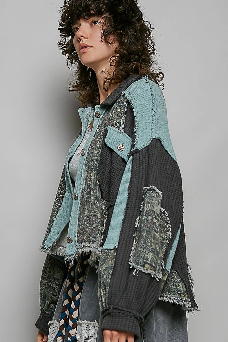Pol Clothing - Balloon Sleeve Contrast Paisley Pattern Cropped Knit Jacket