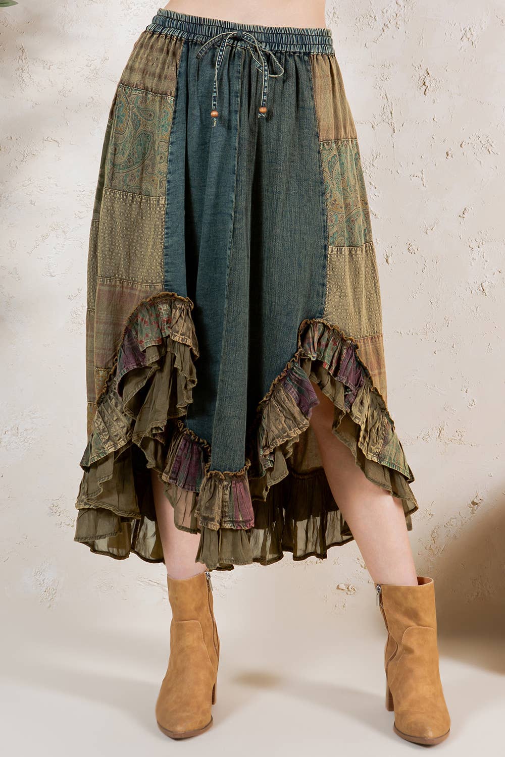 Young Threads - Western Boho Chic: Patchwork Midi Skirt