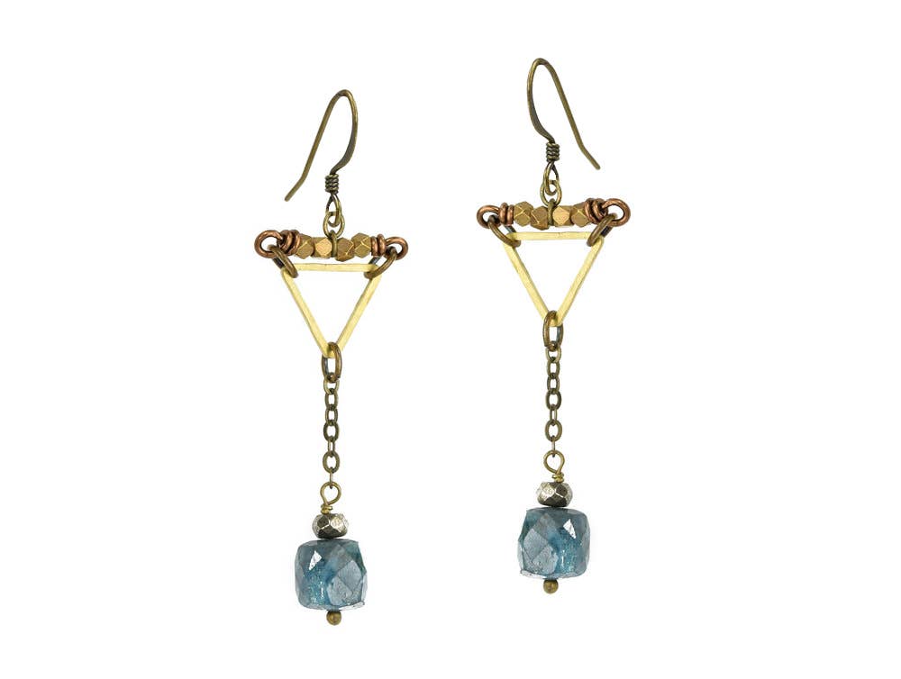 Edgy Petal Jewelry - Blue Green Apatite Cool Artsy Triangle Chain Earrings