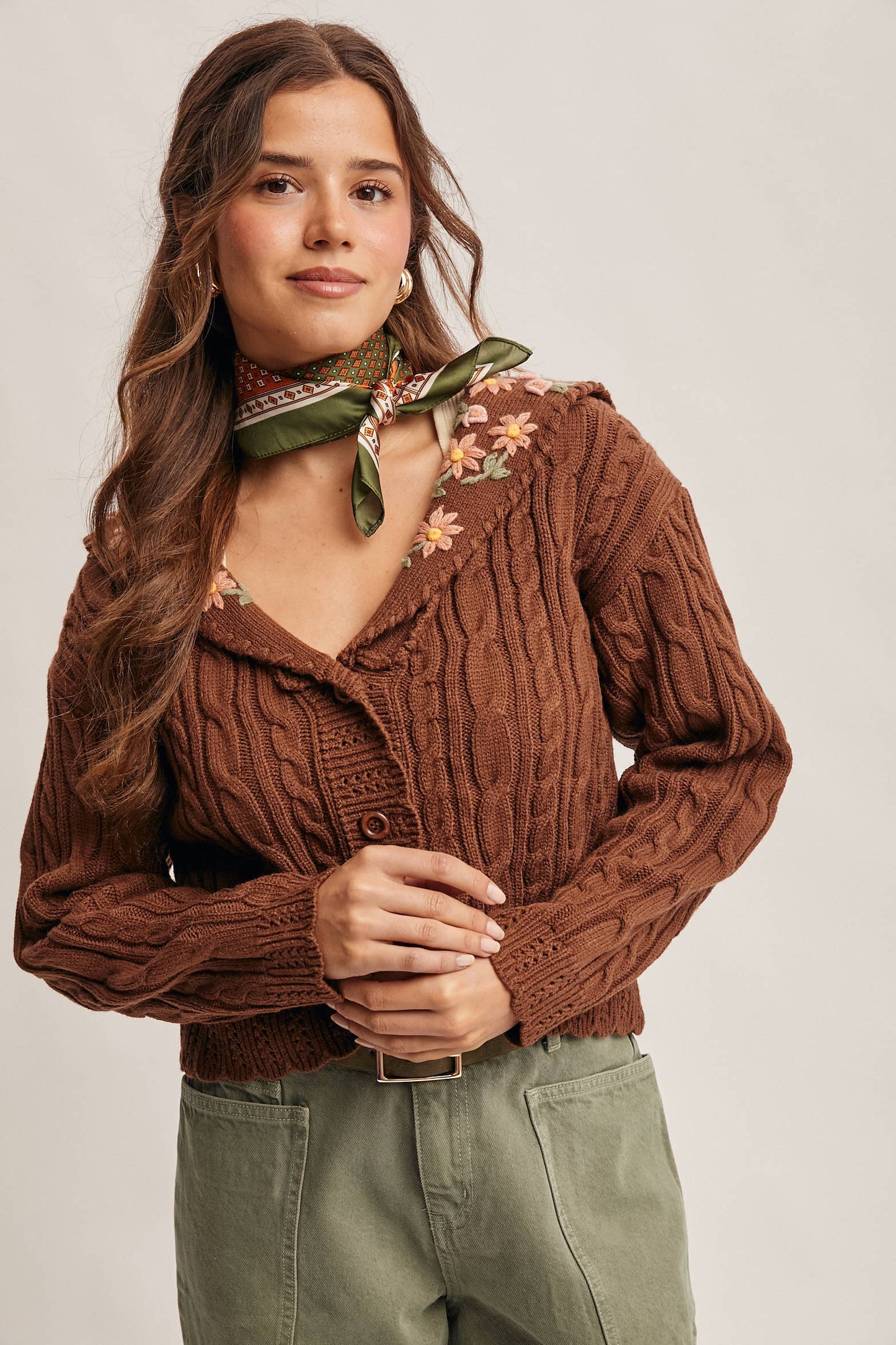 Forte - Cable Knit Embroidered Collar Cardigan FSW0024