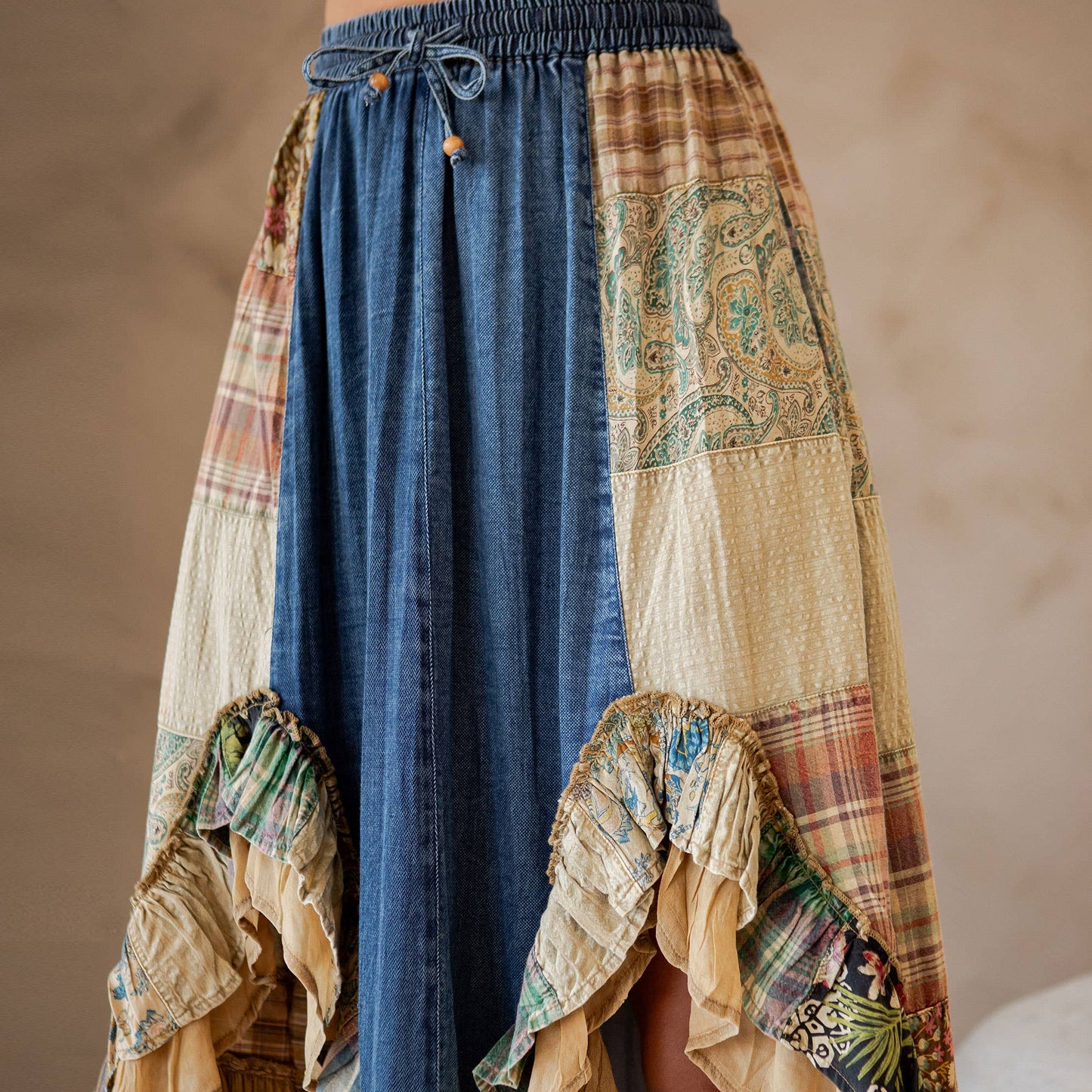 Young Threads - Western Boho Chic: Patchwork Midi Skirt