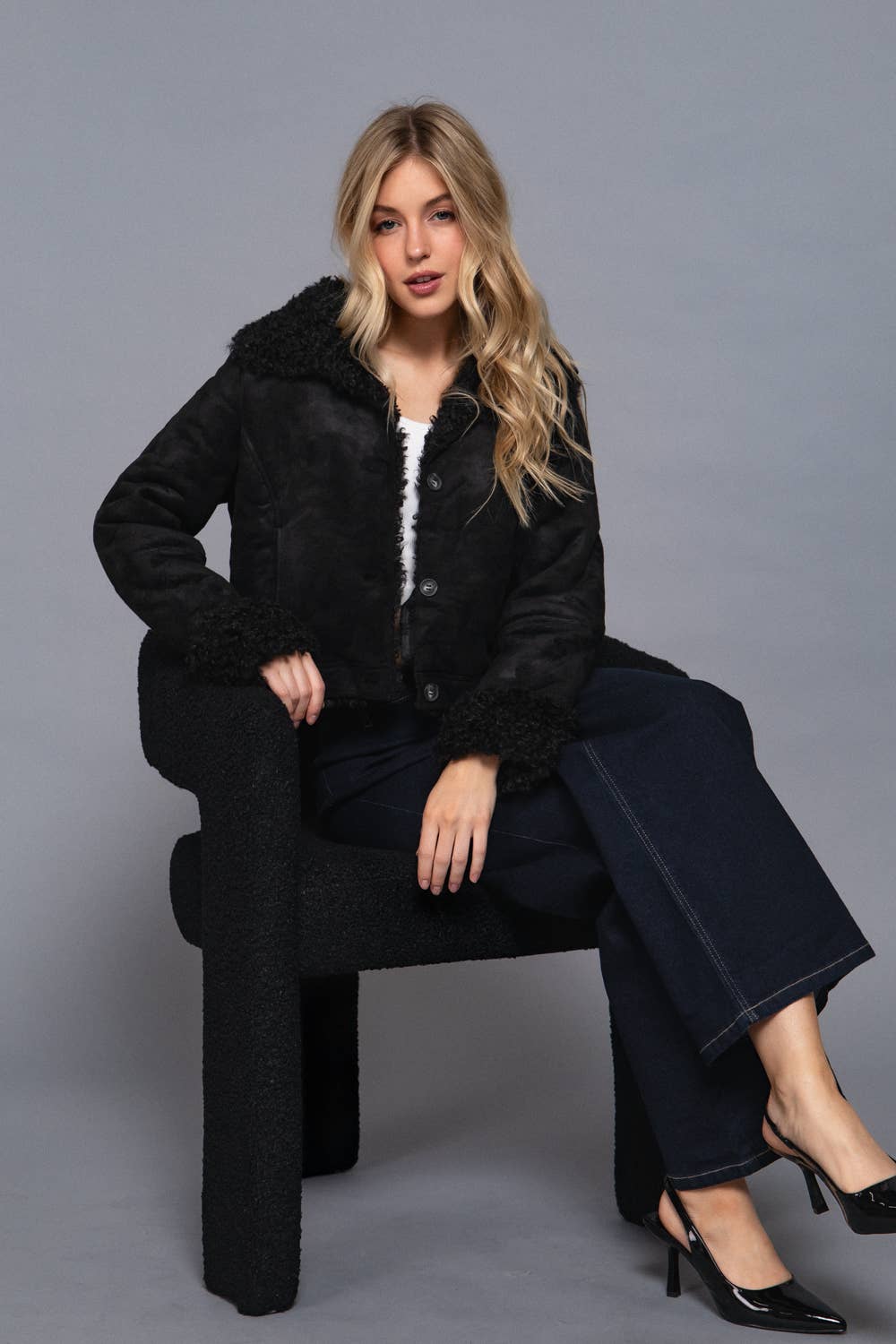 Active Basic | Active USA - Long Sleeve Inside Fur Detail Penny Lane Suede Short Jacket