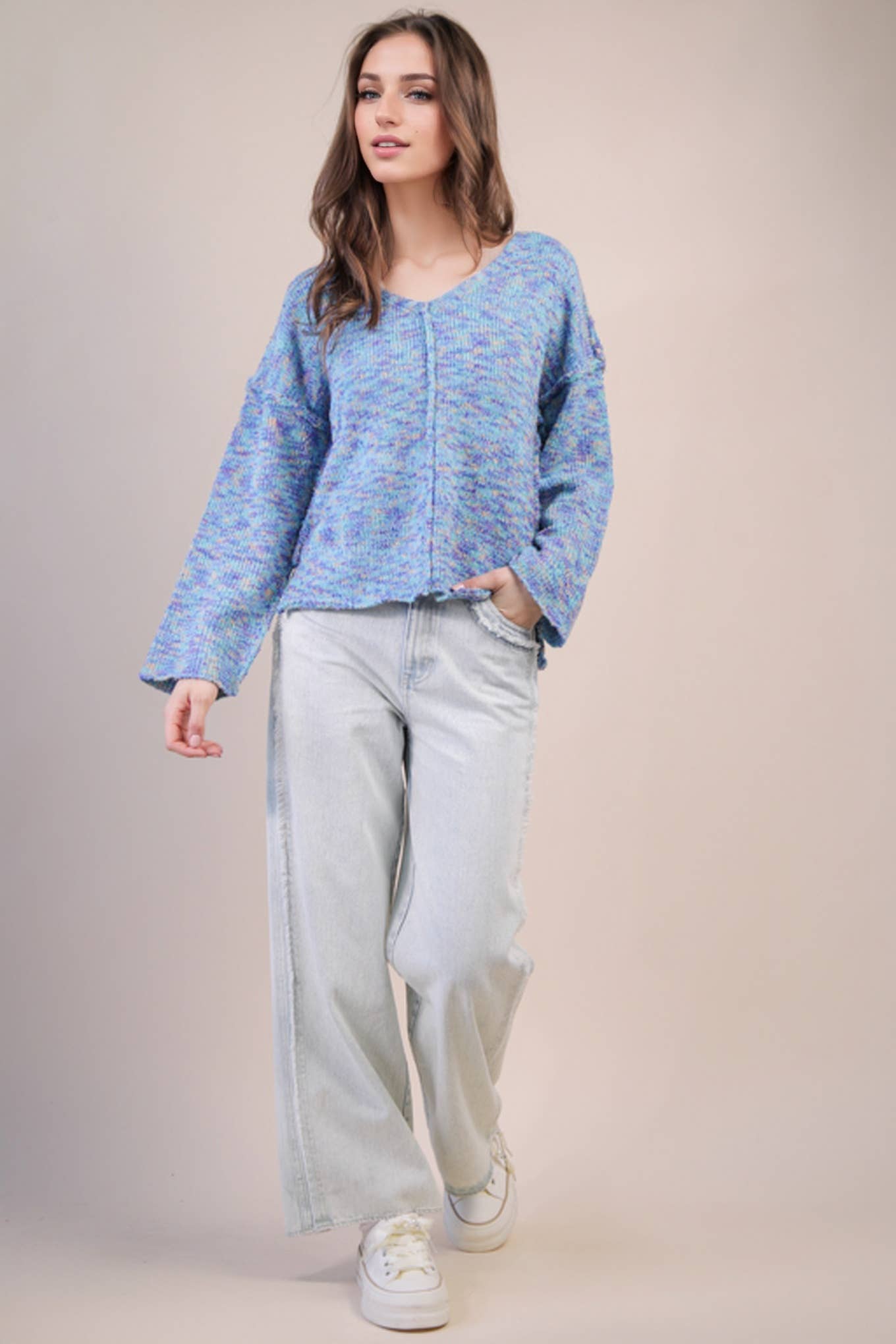 VERY J - 12W3270N-Oversized Casual Multi Color Knit Sweater Top