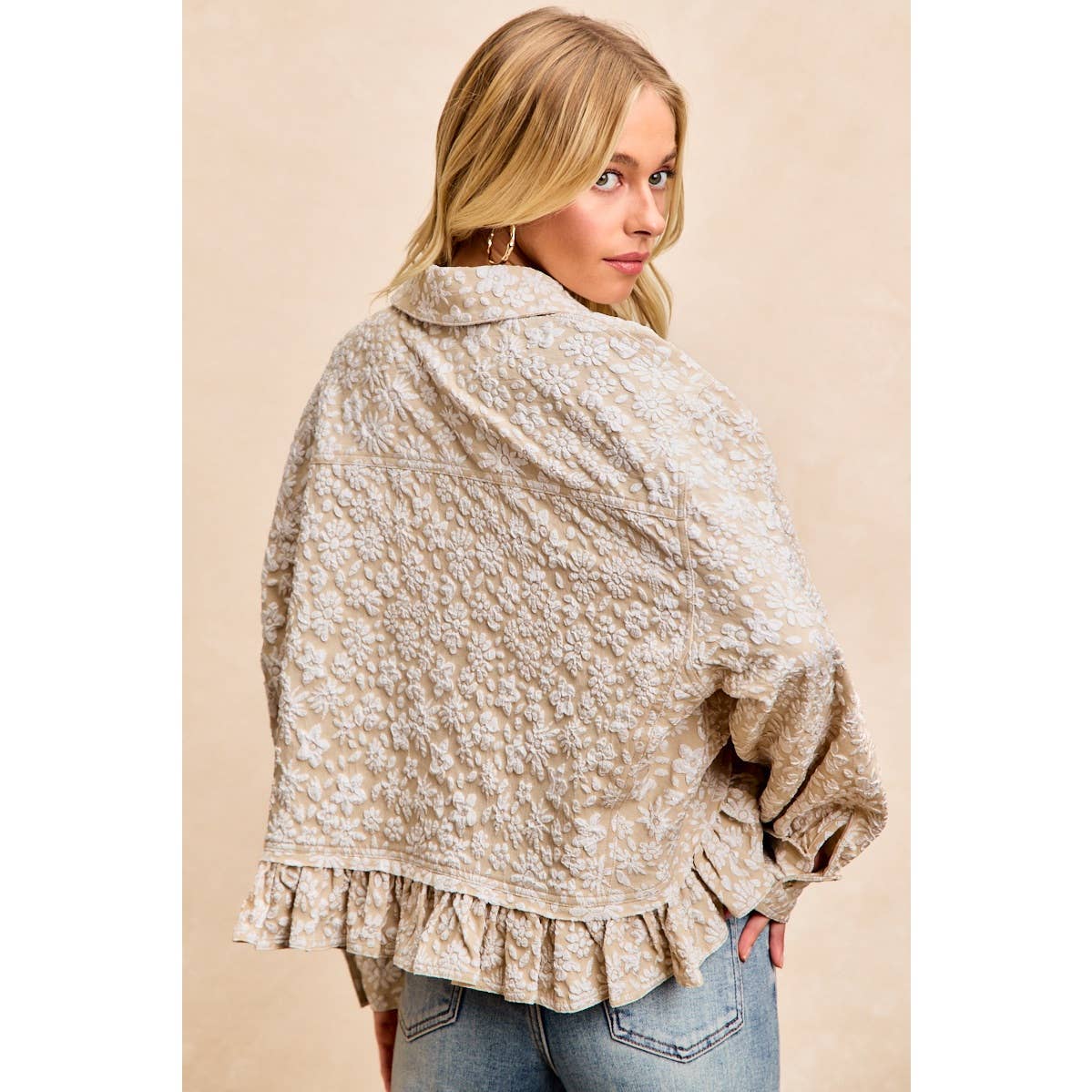 BiBi - TEXTURED FLORAL PATTERN RUFFLED HEM SHIRT TOP