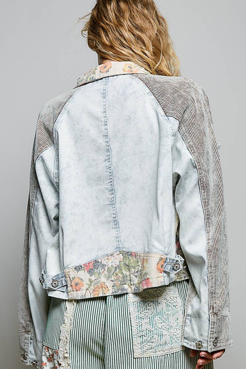 Pol Clothing - Soft Corduroy Sleeves Contrast Cropped Patchwork Jacket
