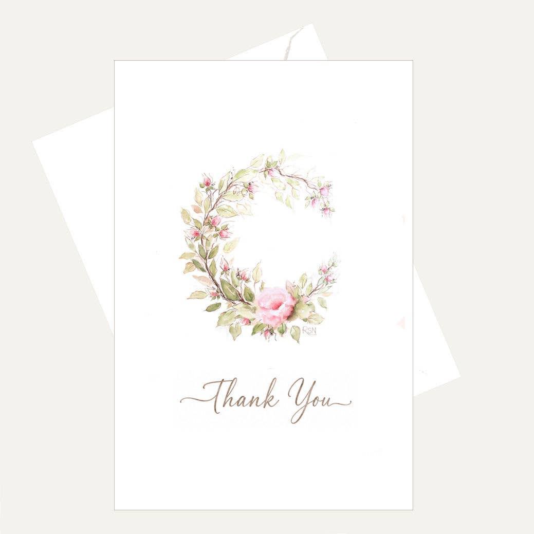 Bellflower Girl - Thank You | Pink Rose Wreath | Watercolor Card