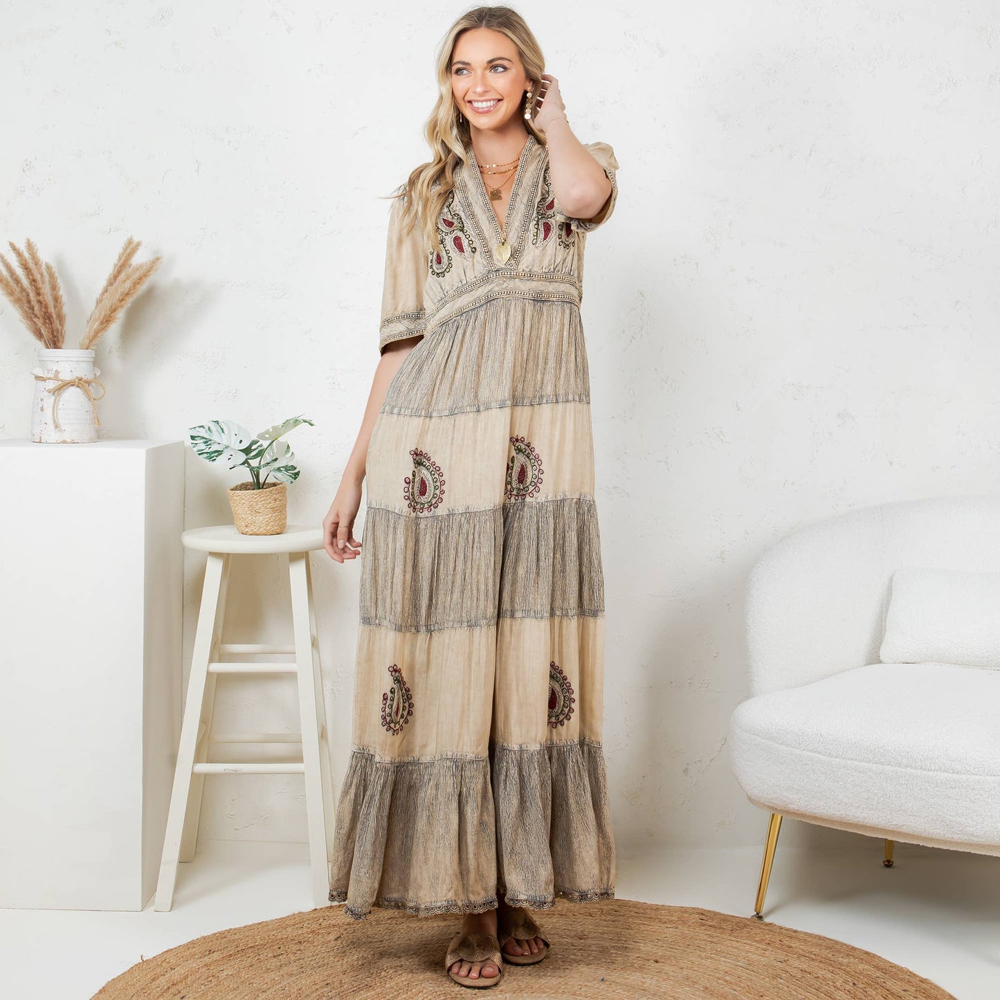 Young Threads - Boho Breeze: 5 Tiers V Neck Long Maxi Dress 