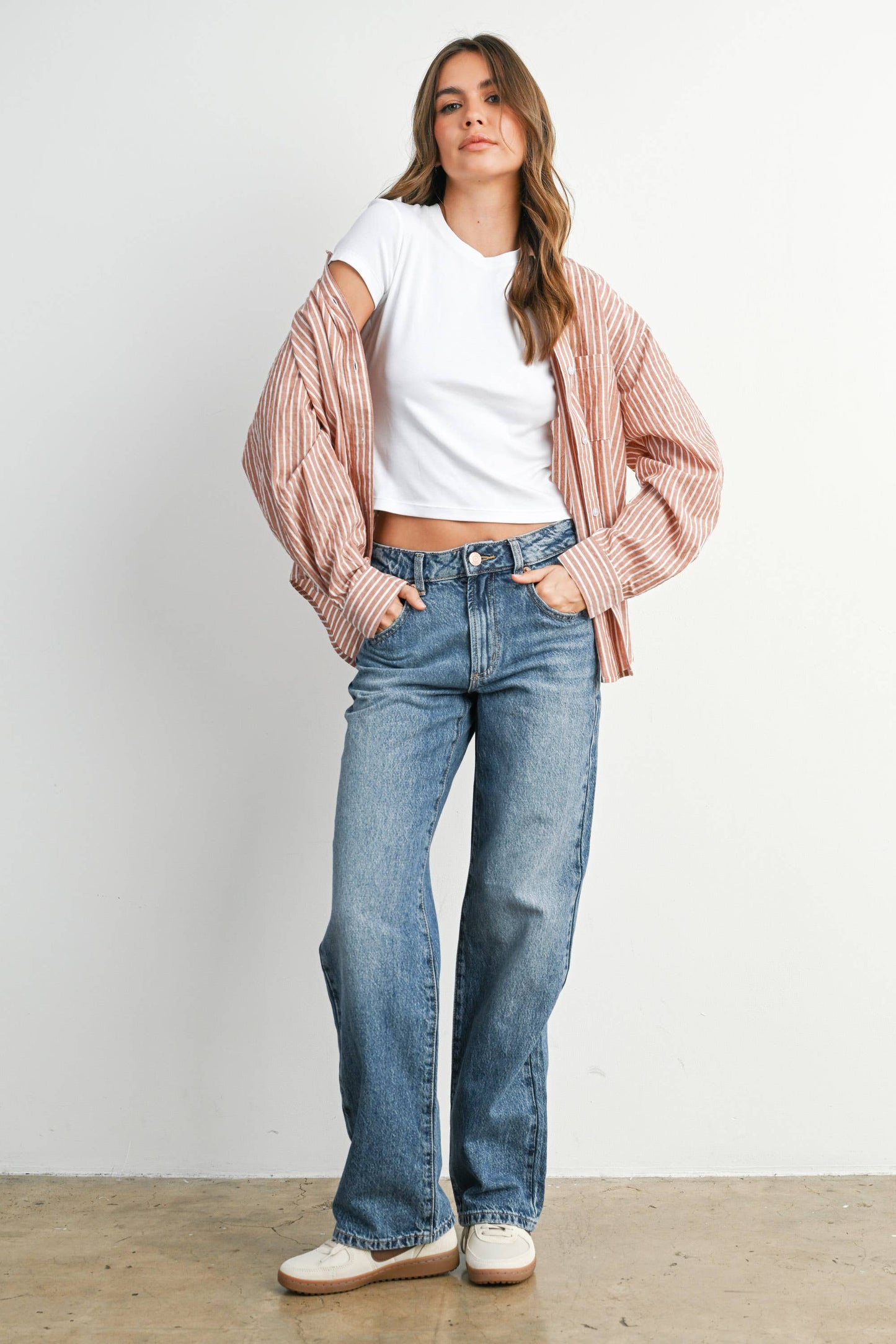 BUTTERMELON - Cropped Striped Button-Up Collared Long Sleeve Top - BMT7915
