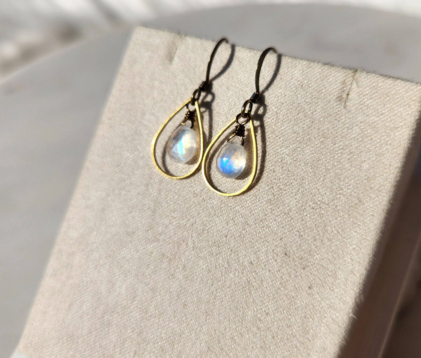 Edgy Petal Jewelry - Rainbow Moonstone Brass Teardrop Outline Earrings