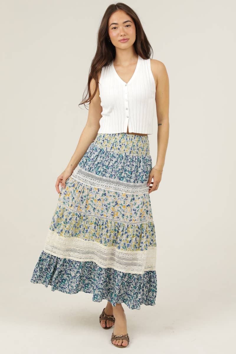 ANGIE - B6A92-A814 TIERED LACE TRIM SMOCKED WAIST MAXI SKIRT
