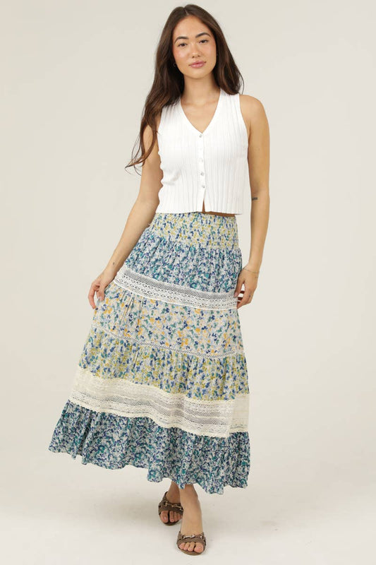 ANGIE - B6A92-A814 TIERED LACE TRIM SMOCKED WAIST MAXI SKIRT