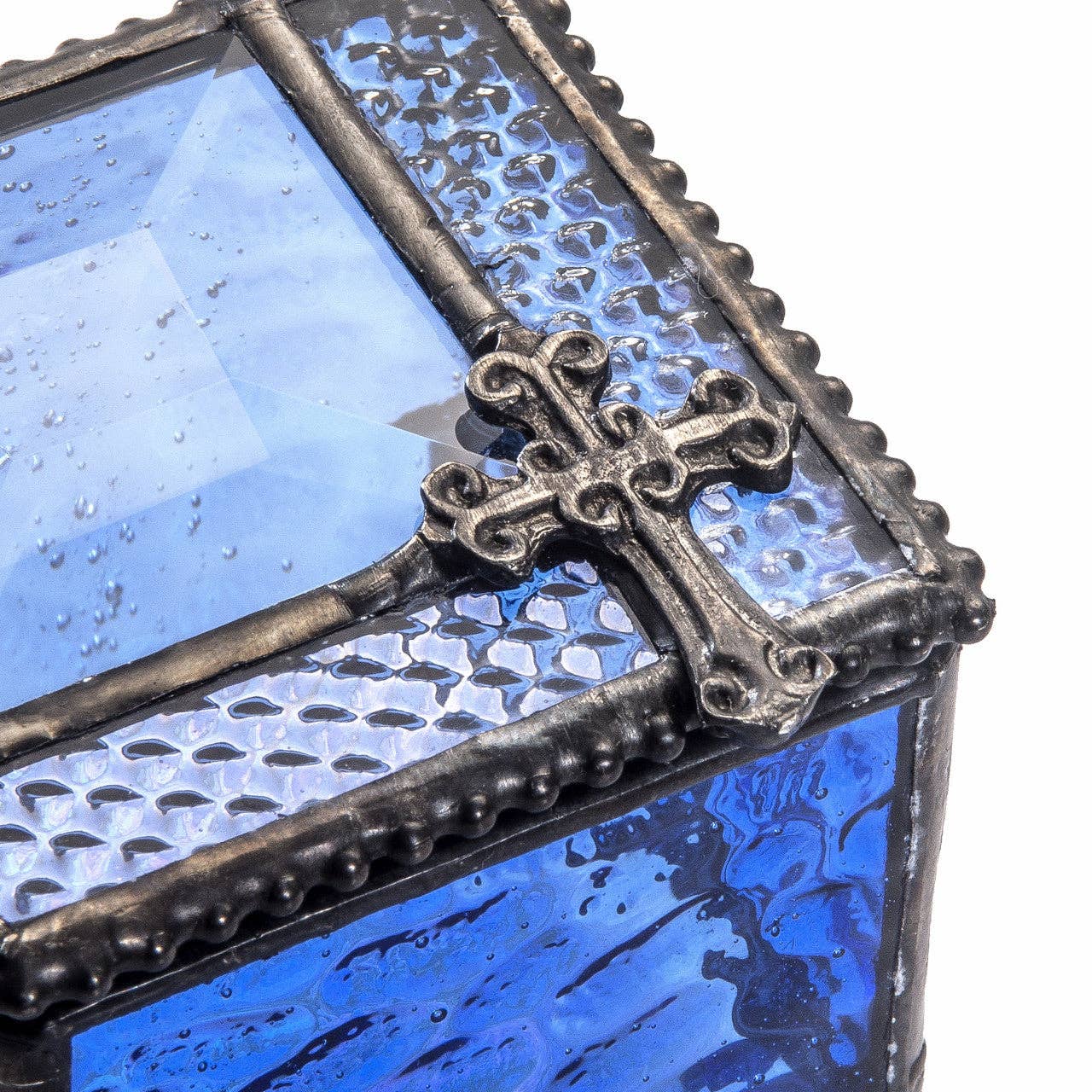 J Devlin Glass Art & Bert Anderson Collection - Blue Glass Jewelry Box with Filigree Cross | Faith Keepsake