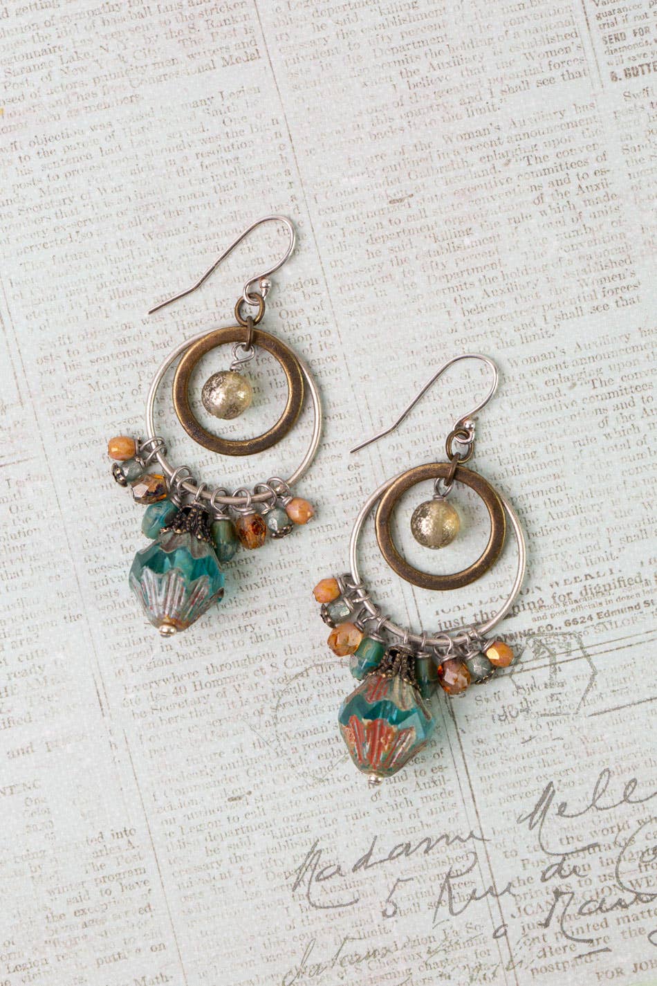 Anne Vaughan Designs Jewelry - Wisdom Within Turquoise Blue Czech Glass Flower With Antique Gold Etching Cluster Earrings
