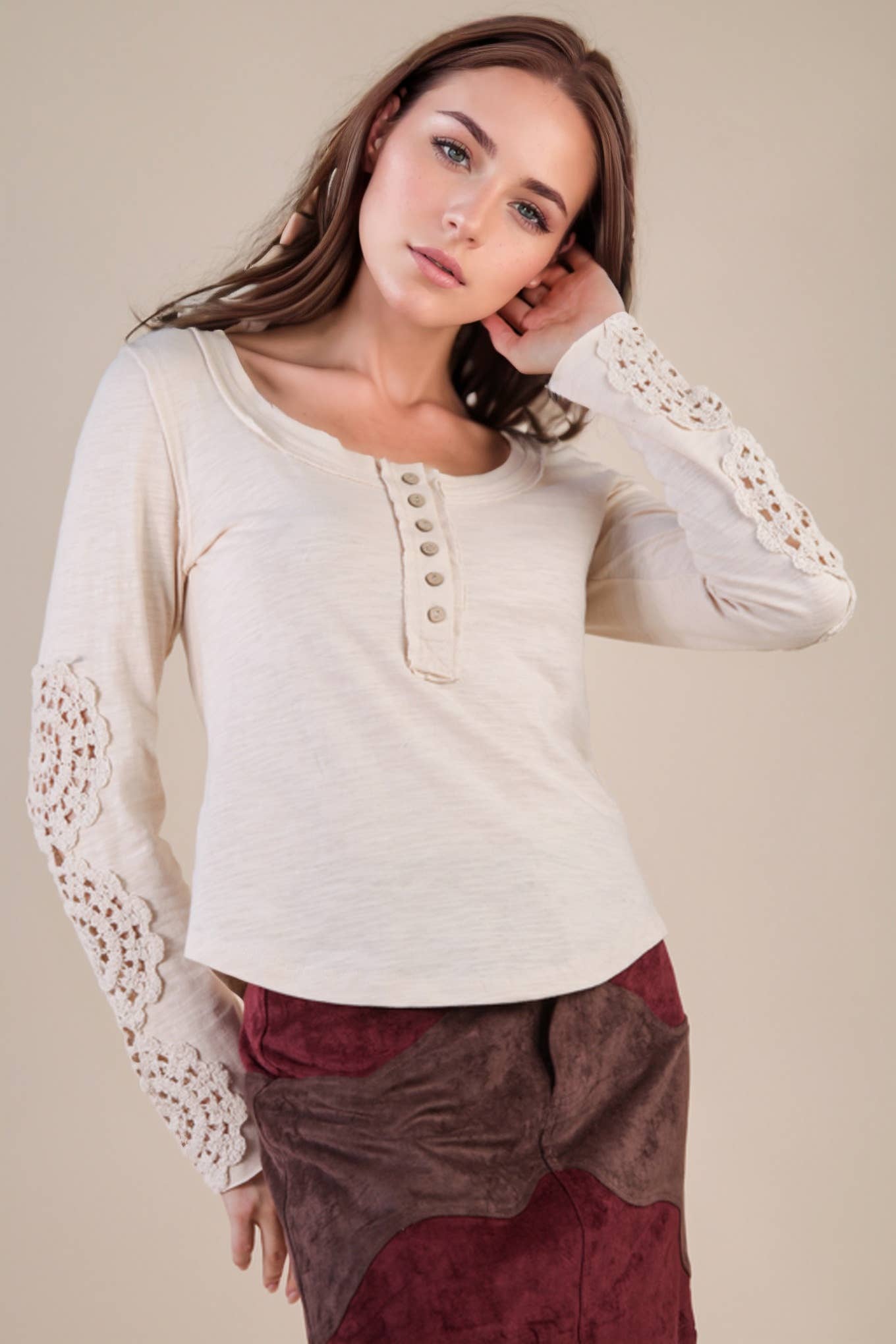 VERY J - NT12252-Sleeve Lace Trim Solid Knit Top