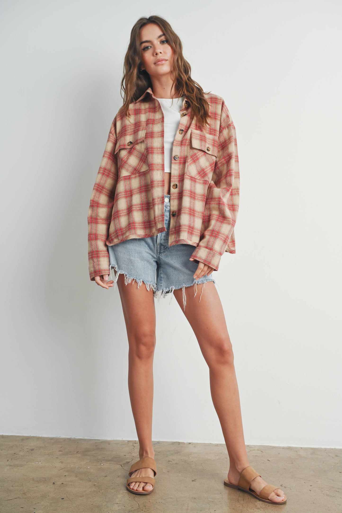 BUTTERMELON - Plaid Long-Sleeve Shirt Jacket - BMJ7328