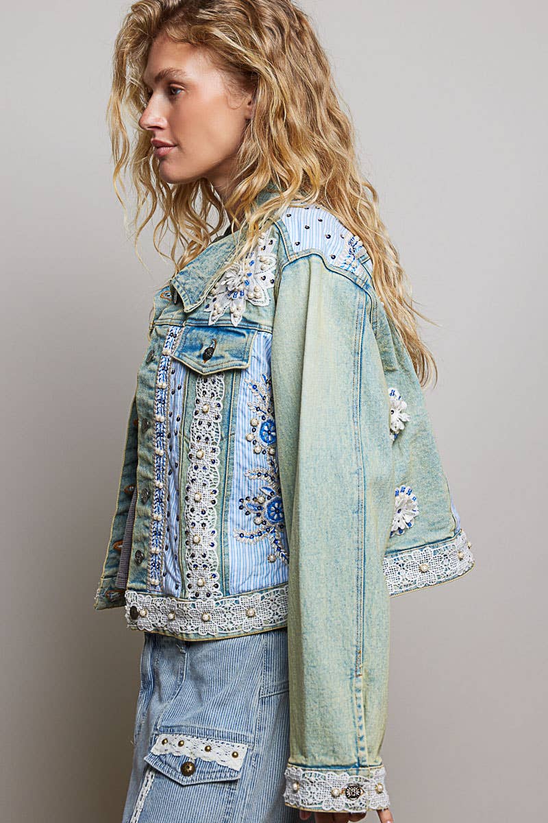 Pol Clothing - Cropped Pearl Studs Floral Patch Trim Denim Jacket
