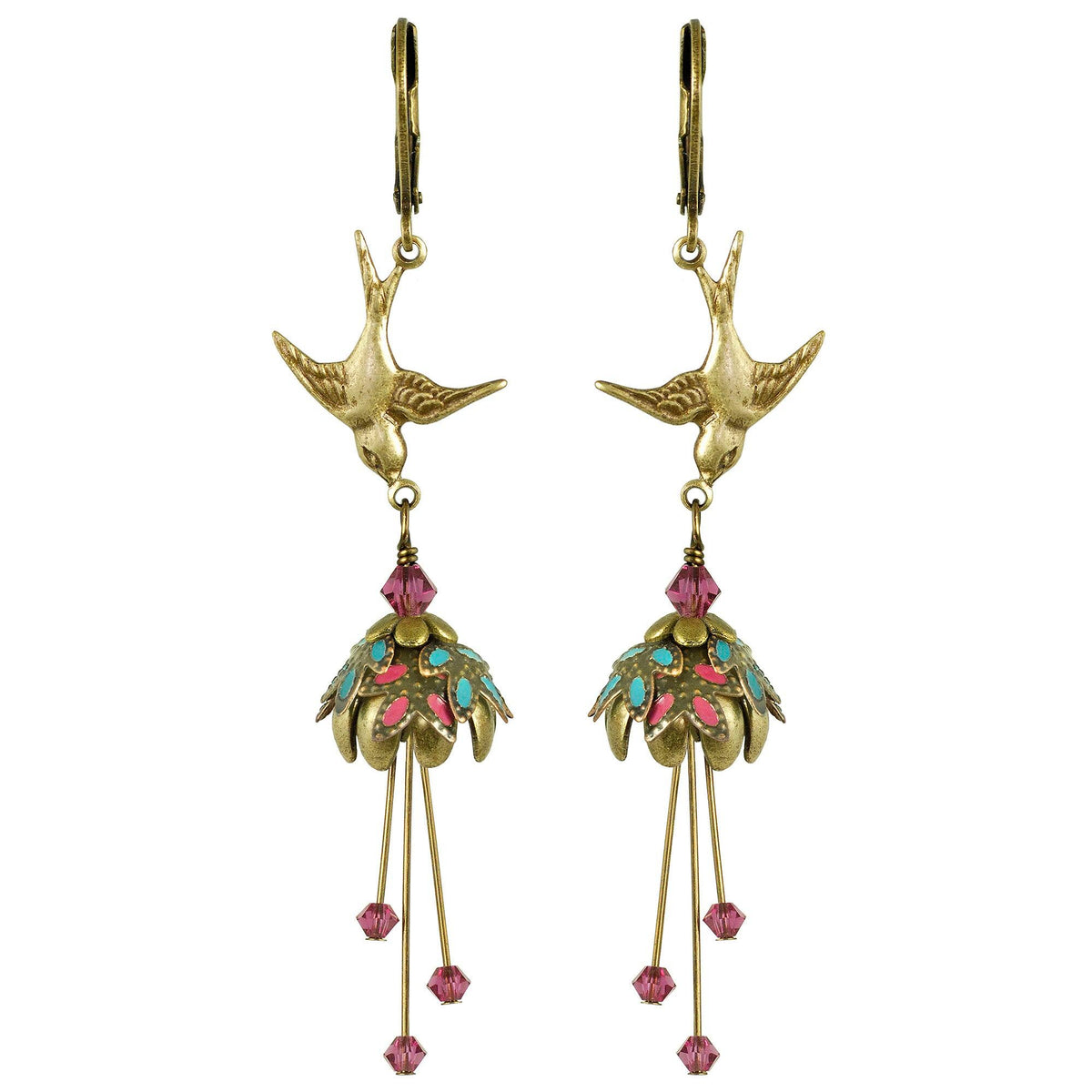 NoMonet - Flower Fairy: Floral Bird Hand Painted Earrings w/ Crystals