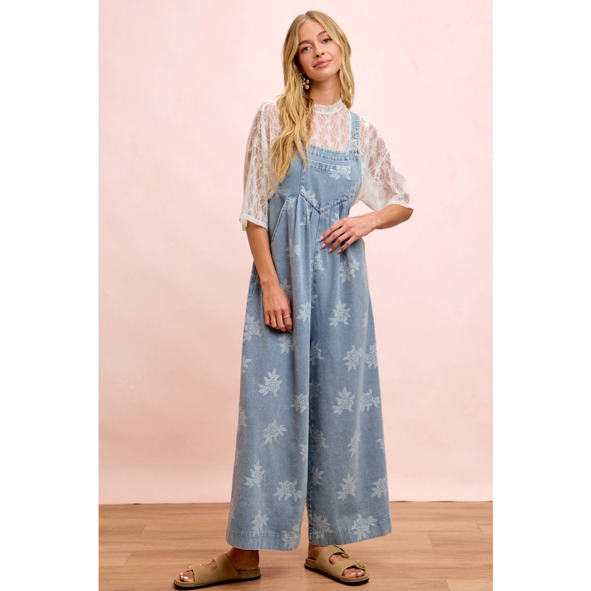 BiBi - ROSE PRINTED WASHED DENIM OVERALLS WITH PLEATS