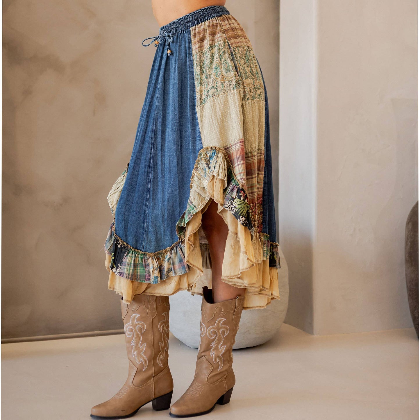 Young Threads - Western Boho Chic: Patchwork Midi Skirt