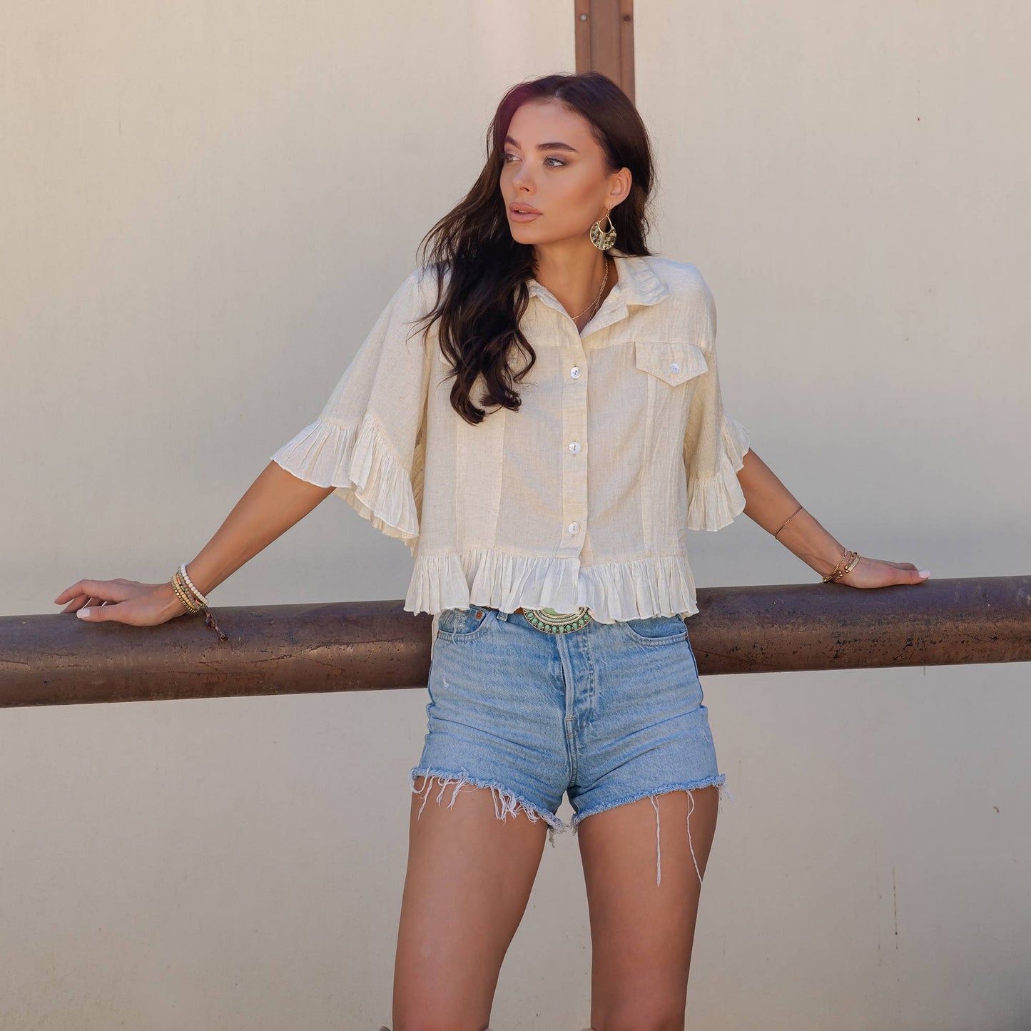 Young Threads - Distressed Denim Crop Jacket with Ruffled Hem