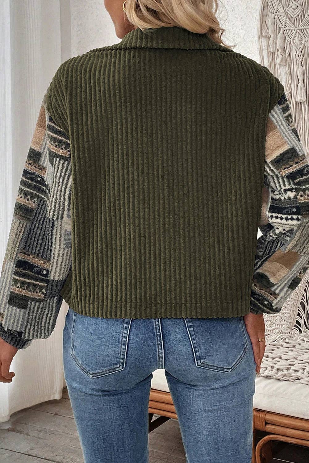 Lovesoft - Jungle Green Ribbed Fleece Plaid Print Patchwork Button Up Jacket