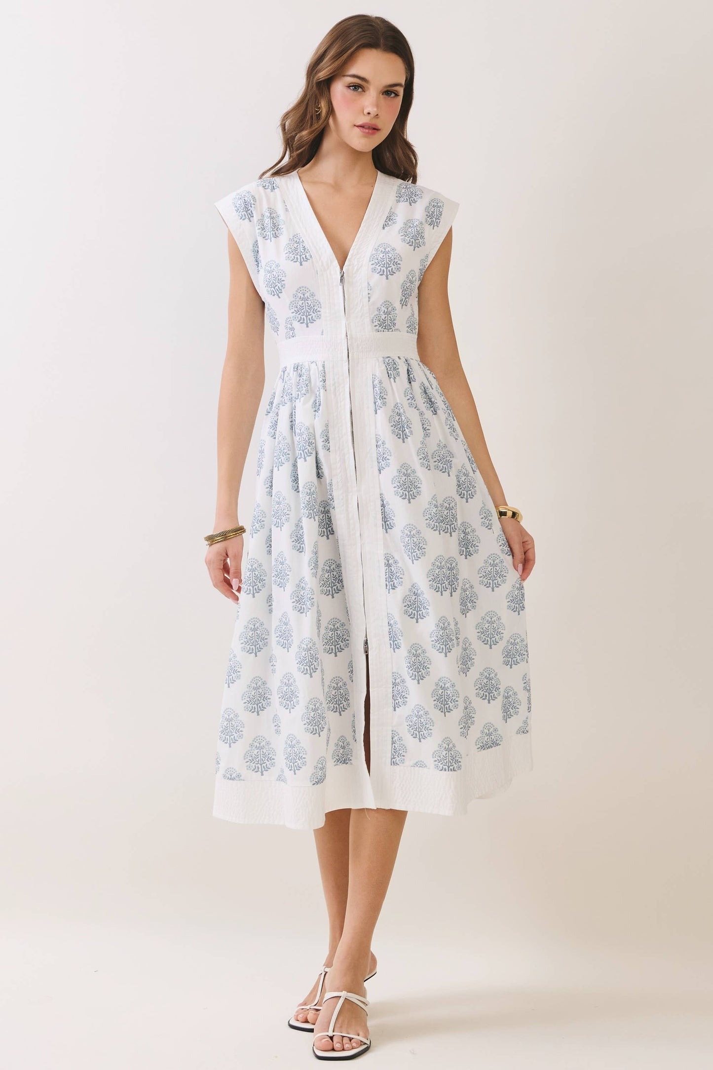 TCEC - CD06937-Floral Print Zipper Front Midi Dress