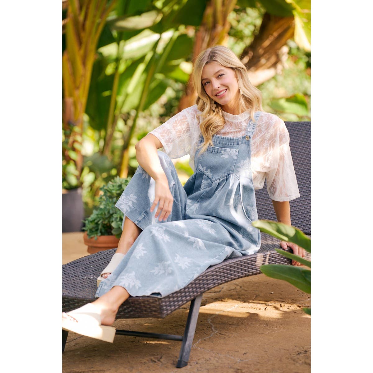 BiBi - ROSE PRINTED WASHED DENIM OVERALLS WITH PLEATS