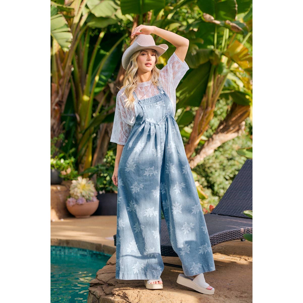 BiBi - ROSE PRINTED WASHED DENIM OVERALLS WITH PLEATS