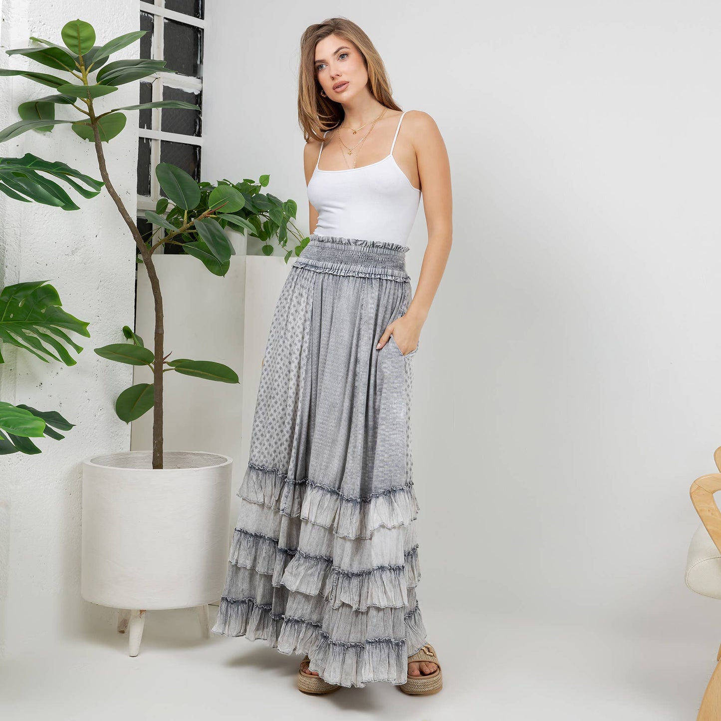 Young Threads - Rustic Textured Smocked Waist Ruffled Tiered Maxi Skirt