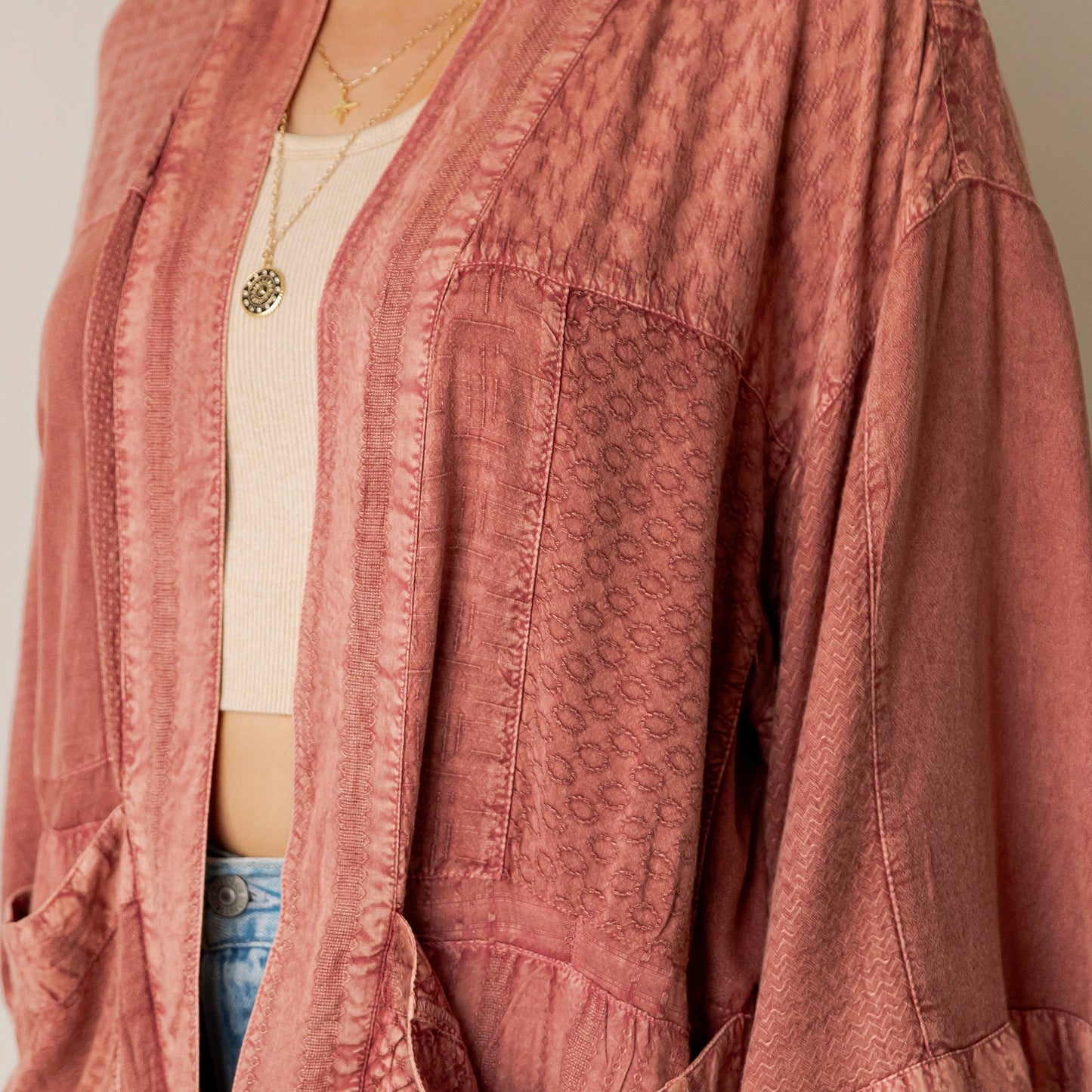 Young Threads - Boho Textured Mixed-Print Kimono with Pouch Pockets