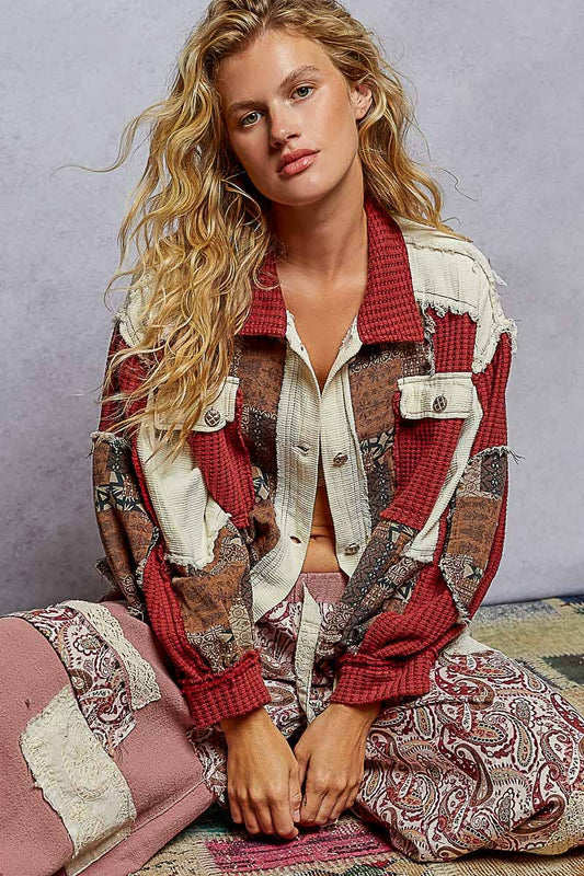 Pol Clothing - Balloon Sleeve Contrast Paisley Pattern Cropped Knit Jacket