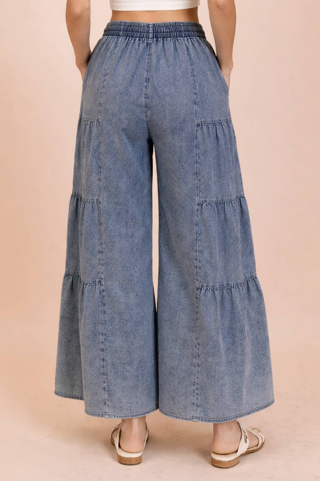 VERY J - NP70989-Tiered Layers Mineral Washed Chambray Pants