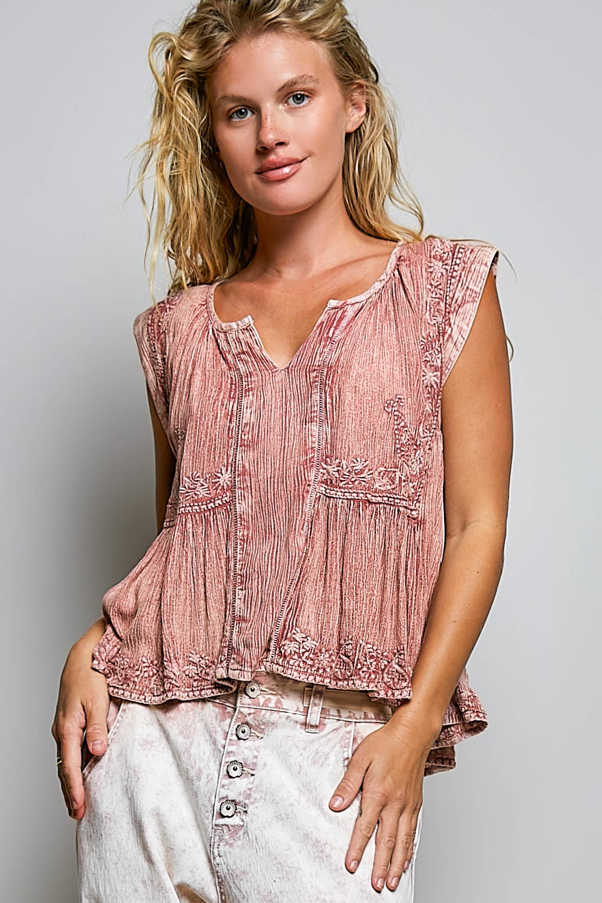 Pol Clothing - V-neck Sleeveless Vintage Washing Solid Linen Woven Top