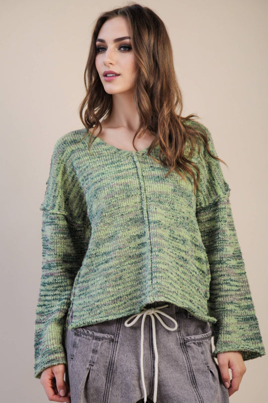 VERY J - 12W3270N-Oversized Casual Multi Color Knit Sweater Top