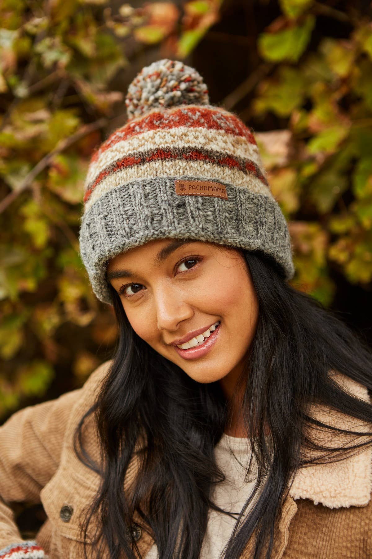 Pachamama Ltd - Classic Fairisle Roll Back Bobble Beanie Grey