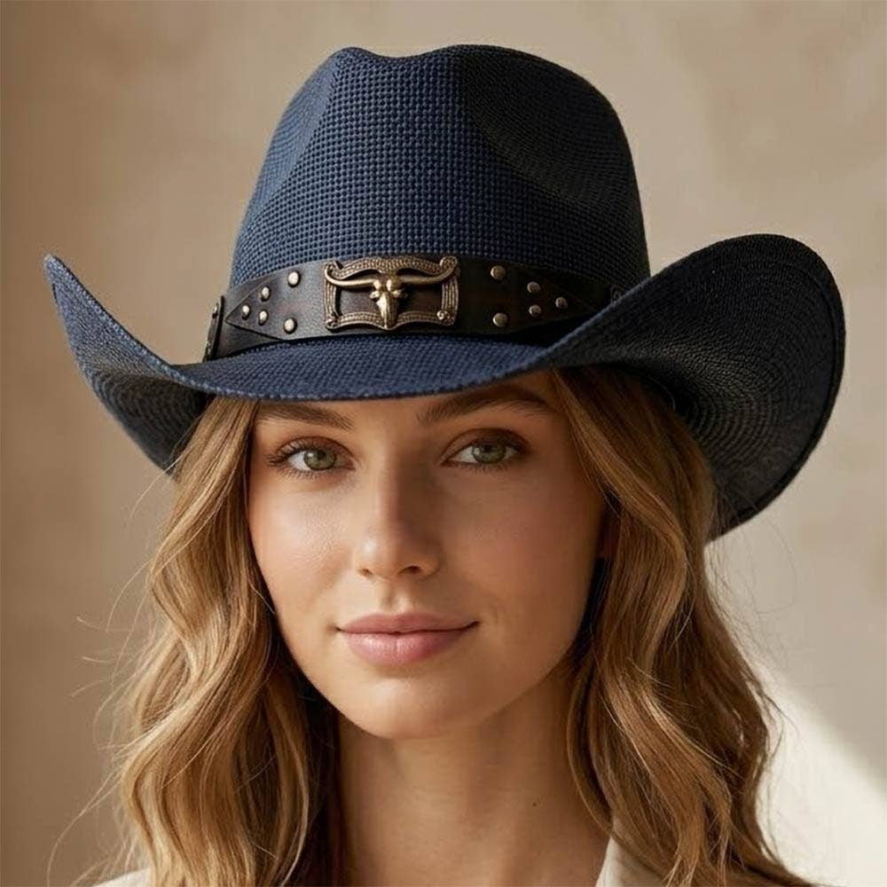 Sensibling Corp. - Steer Head Accent Studded Faux Leather Band Western Straw Cowboy Hat