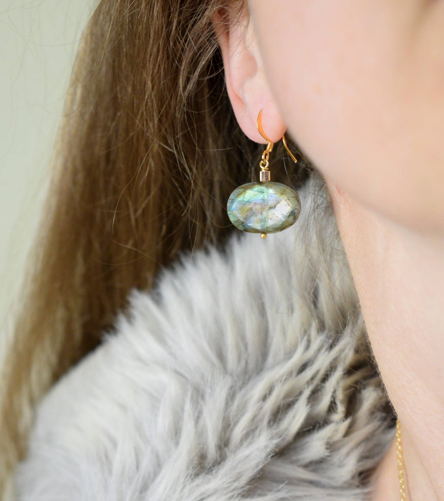 Edgy Petal Jewelry - Olivia Labradorite Oval Gold Earrings (Choose Stone Size)