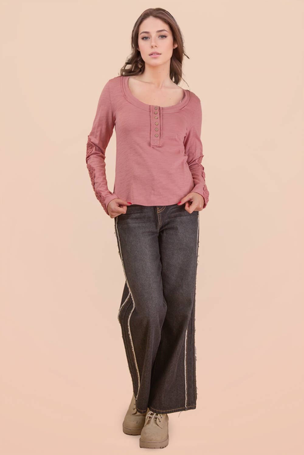 VERY J - NT12252-Sleeve Lace Trim Solid Knit Top