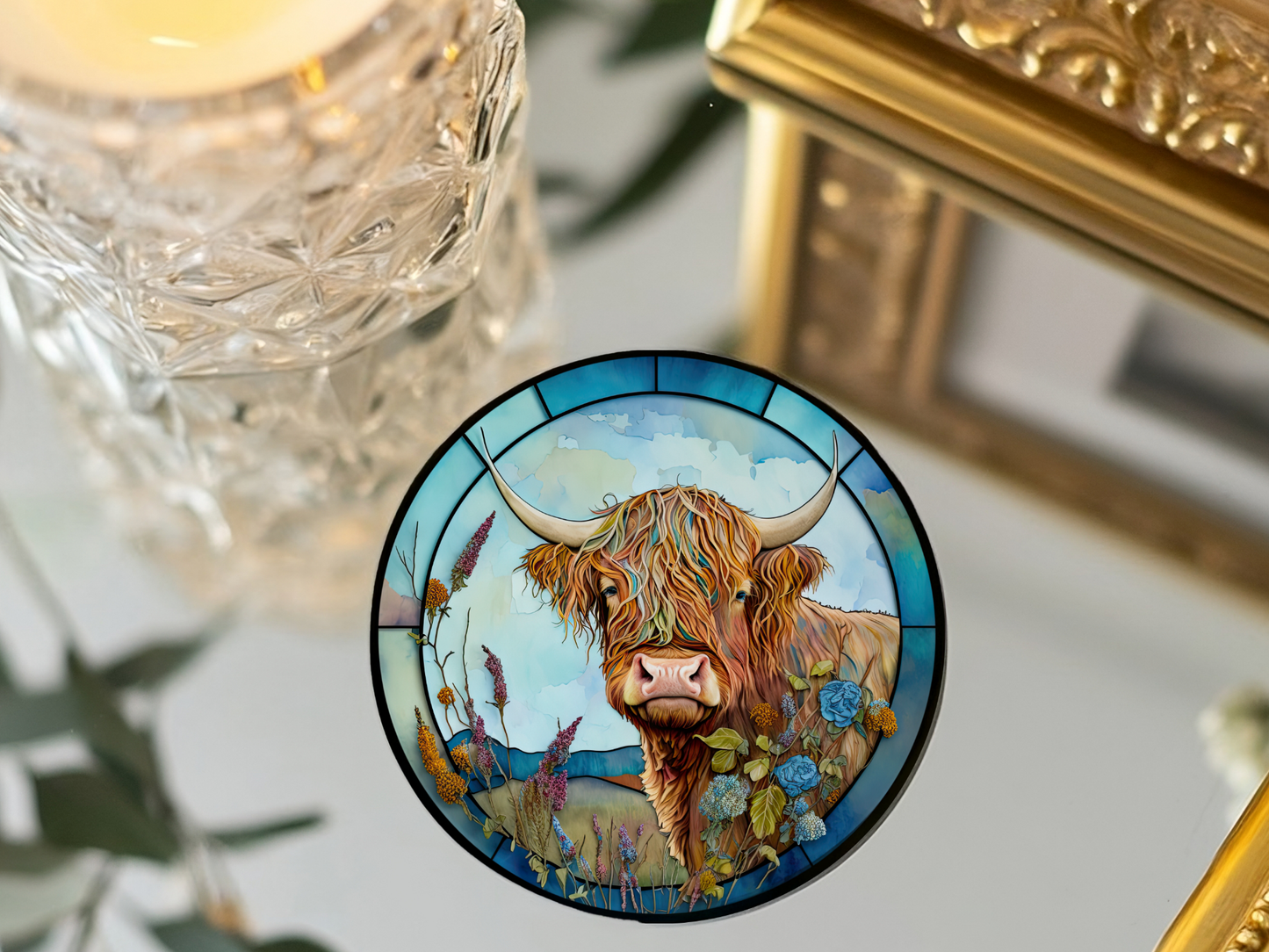 Fernville Creations - Highland Cow Coaster, Farmhouse Decor, Printed Stained Glass