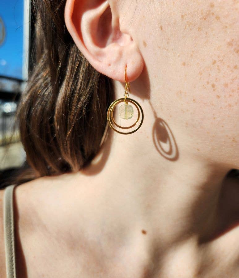 Edgy Petal Jewelry - Prehnite Square Double Gold Circle Earrings