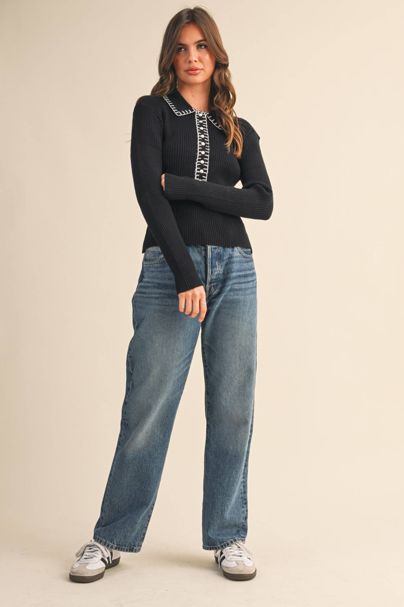 &MERCI - COLLARED RIBBED SWEATER WITH CONTRAST STITCH MSW11233